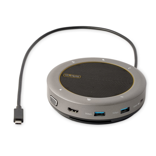 StarTech.com USB-C Conference Speaker Mini Dock, Portable Boardroom Speaker and Multiport Adapter, USB-C to VGA or 4K 60Hz HDMI, 2x USB-A (5Gbps) Hub, Mic/Speaker