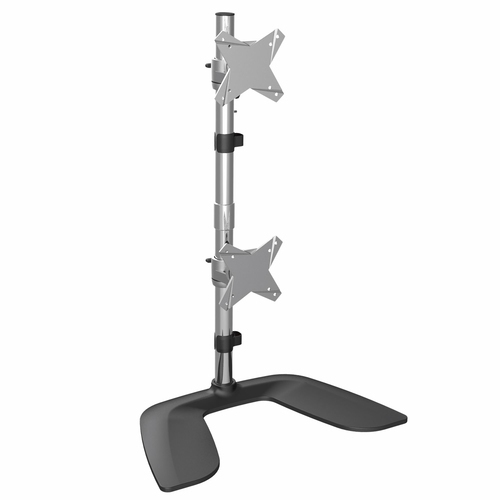 StarTech.com Vertical Dual Monitor Stand, Ergonomic Desktop Stacked Two Monitor Stand up to 27 inch VESA Mount Displays, Free Standing Universal Monitor Mount, Height Adjustable, Silver