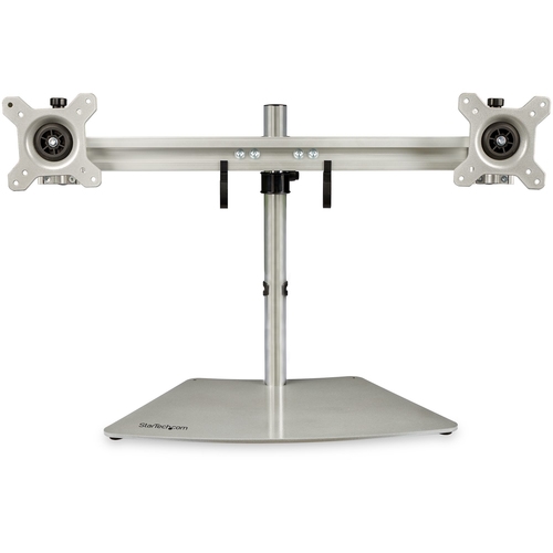 StarTech.com Dual Monitor Stand, Ergonomic Free Standing Dual Monitor Desktop Stand for two 24" VESA Mount Displays, Synchronized Height Adjustable, Double Monitor Pole Mount, Silver