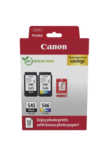 Canon PG-545 / CL-546 Value Pack - 2-pack - 8 ml - black, colour (cyan, magenta, yellow) - original - hanging box - ink cartridge / paper kit - for PIXMA iP2850, MG2450, MG2550, TR4550, TR4551 — image 1