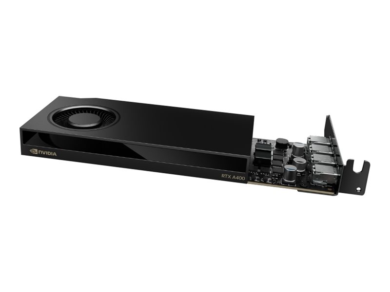 NVIDIA RTX A400 Graphics card 4GB GDDR6 PCIe4.0x8 low profile 4 x Mini DisplayPort - retail boxed -ATX I/O bracket attached + LP I/O bracket loose, Mini DP to DP dongle: 1pcs