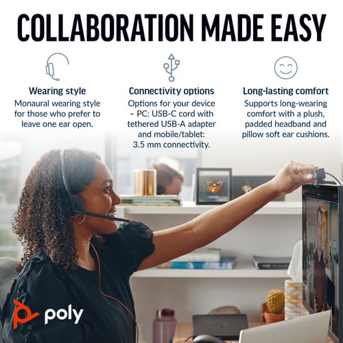 Poly Blackwire 5210 - Blackwire 5200 series - headset - on-ear - wired - 3.5 mm jack, USB-C - black - Certified for Microsoft Teams, Certified for Skype for Business, Cisco Jabber Certified, Avaya Certified, Works With Chromebook Certified, Zoom Certified, UC certified — view 6