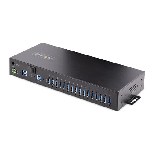 StarTech.com 16-Port Industrial USB 3.0 Hub 5Gbps, Metal, DIN/Surface/Rack Mountable, ESD Protection, Terminal Block Power, up to 120W Shared USB Charging, Dual-Host Hub/Switch (5G16AINDS-USB-A-HUB) - Hub - industrial - 16 x USB 3.2 Gen 1 - desktop, rack-mountable, DIN rail mountable
