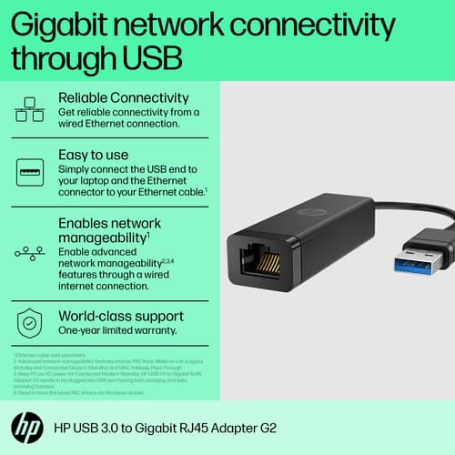 HP USB 3.0 to RJ45 Adapter G2 - network adapter - USB 3.0 - Gigabit Ethernet x 1 — view 5