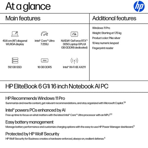 HP EliteBook 6 G1i Notebook AI - 177-degree hinge design - Intel Core Ultra 7 - 255U / up to 5.2 GHz - Win 11 Pro - Intel Graphics - 16 GB RAM - 512 GB SSD NVMe - 16" IPS 1920 x 1200 - Gigabit Ethernet - Wi-Fi 6E, Bluetooth - pike silver aluminium - kbd: UK — view 5