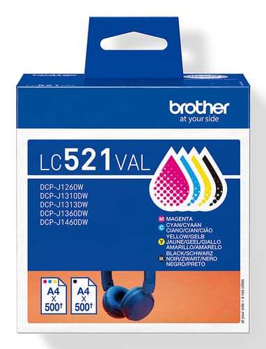 Brother LC521 Value Pack - 4-pack - black, yellow, cyan, magenta - original - hanging box - ink cartridge - for Brother DCP-J1260W, DCP-J1310DW — view 1