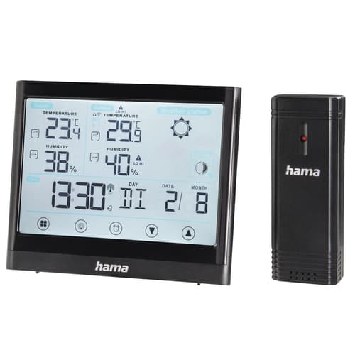 Hama Full Touch, Black, Indoor hygrometer, Indoor thermometer, Outdoor hygrometer, Outdoor thermometer, Barometer, Thermometer, F, °C, LED, Battery