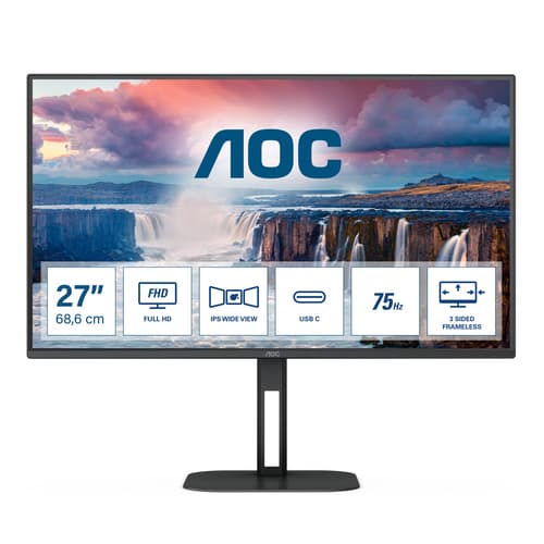 AOC Value-line 27V5CE/BK - V5 series - LED monitor - 27" - 1920 x 1080 Full HD (1080p) @ 75 Hz - IPS - 300 cd/m� - 1000:1 - 4 ms - HDMI, USB-C - speakers - black
