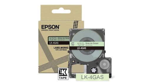 Epson LabelWorks LK-4GAS - Grey on green - Roll (1.2 cm x 8 m) 1 cassette(s) hanging box - tape cartridge - for LabelWorks LW-C410, LW-C610