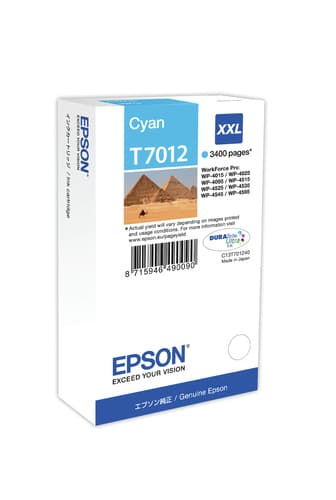 Epson Ink Cartridges, DURABrite" Ultra, T7012, Pyramids, Singlepack, 1 x 34.2 ml Cyan, High, XXL