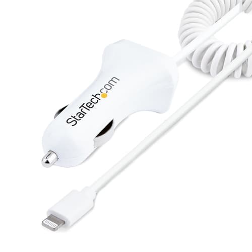 StarTech.com Lightning Car Charger with 1m Coiled Lightning Cable, 12W, White, 2 Port USB Car Charger Adapter for Phones and Tablets, In Car Apple iPhone/iPad Charger w/ Built-in Cord - Dual USB Car Charger (USBLT2PCARW2) - Car power adapter - 12 Watt - 4.2 A - 2 output connectors (USB, Lightning) - white — view 1