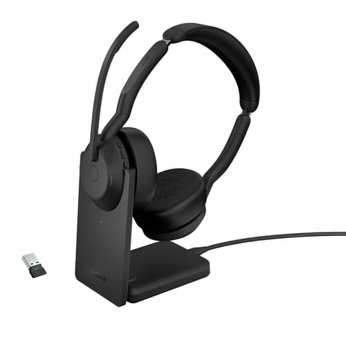 Jabra Evolve2 55 UC Stereo - Headset - on-ear - Bluetooth - wireless - active noise cancelling - USB-C, USB-A - black - with charging stand - Zoom Certified, Cisco Webex Certified, Optimised for UC, Alcatel-Lucent Certified, Avaya Certified, Unify Certified, MFi Certified, Google Meet Certified, Amazon Chime Certified, Google Fast Pair Certified