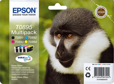 Epson Ink Cartridges, DURABrite" Ultra, T0895, Monkey, Multipack, 1 x 5.8 ml Black, 1 x 3.5 ml Yellow, 1 x 3.5 ml Cyan, 1 x 3.5 ml Magenta