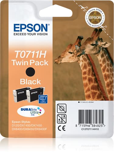 Epson Ink Cartridges, DURABrite" Ultra, T0711H, Giraffe, Twinpack, 2 x 11.1 ml Black