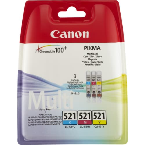 Canon CLI-521 - 2934B010 - 1 x Yellow,1 x Cyan,1 x Magenta - Multipack - Ink tank - For PIXMA iP3600,iP4700,MP540,MP550,MP560,MP620,MP630,MP640,MP980,MP990,MX860,MX870