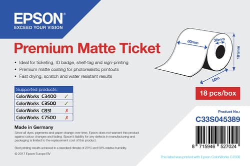 Epson Premium - Matte tickets - Roll (8 cm x 50 m) 1 roll(s) - for Epson TM-C3400-LT, TM C3500