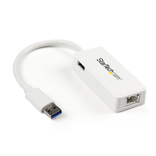 StarTech.com USB 3.0 to Gigabit Ethernet Adapter NIC w/ USB Port (White) - USB 3.0 NIC - 10/100/1000 Mbps USB 3.0 LAN Adapter (USB31000SPTW) - Network adapter - USB 3.0 - Gigabit Ethernet - white — view 1