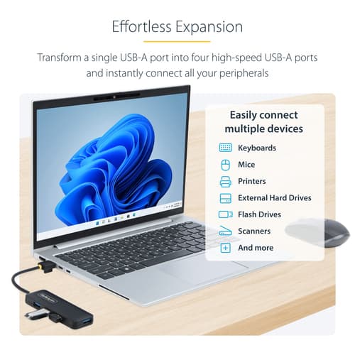 StarTech.com 4-Port USB-A Hub, 5Gbps, Bus Powered, Small Travel Mini Hub - Hub - 4 x USB 3.2 Gen 1 - desktop — view 13
