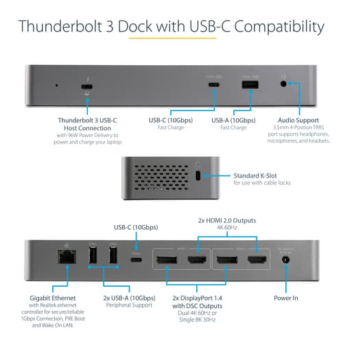 StarTech.com Thunderbolt 3 Dock with USB-C Host Compatibility, Dual 4K 60Hz DisplayPort 1.4 or Dual HDMI 2.0 Monitors, Single 8K, TB3/USB-C Laptop Docking Station, 96W PD, 5x USB, 10Gbps - 96W Power Delivery (TB3CDK2DHUE) - Docking station - USB-C 3.2 Gen 2 / Thunderbolt 3 - 2 x HDMI, 2 x DP - 1GbE — view 9