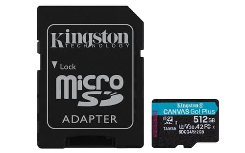 Kingston Canvas Go! Plus - Flash memory card (microSDXC to SD adapter included) - 512 GB - A2 / Video Class V30 / UHS-I U3 / Class10 - microSDXC UHS-I