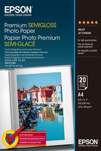 Epson Media, Media, Sheet paper, Premium Semigloss Photo Paper, Home - Photo Paper, Photo, A4, 210 mm x 297 mm, 251 g/m2, 20 Sheets, Singlepack