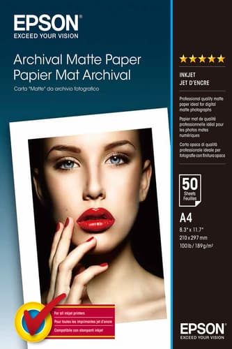 Epson Media, Media, Sheet paper, Archival Matte Paper, Graphic Arts - Photographic Paper, Home - Speciality Media, Photo, A4, 210 mm x 297 mm, 189 g/m2, 50 Sheets, Singlepack