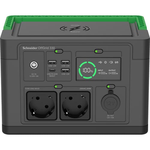 Schneider OffGrid 330 - Portable power station - LCD, lithium-ion, 2 CEE 7/3 schuko outlets, sinewave, 3 USB-A, 1 USB-C, wireless charger - AC 230 V - 330 Watt - Lithium Ion - 332 Wh - output connectors: 2 - black, green