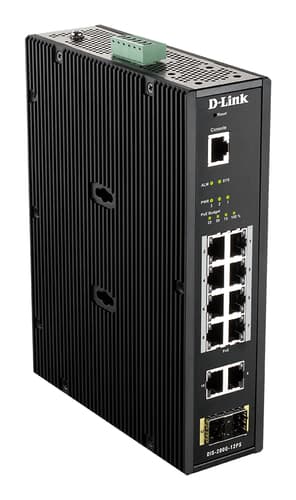 D-Link DIS 200G-12PS - Switch - Managed - 10 x 10/100/1000 (8 PoE+) + 2 x SFP - DIN rail mountable, wall-mountable - PoE+ (240 W) - AC 120/230 V / DC 46 - 54 V