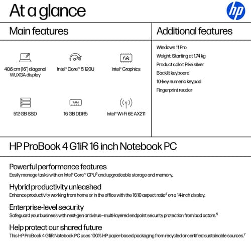HP ProBook 4 G1iR Notebook - Intel Core 5 - 120U / up to 5 GHz - Win 11 Pro - Intel Graphics - 16 GB RAM - 512 GB SSD NVMe - 16" IPS 1920 x 1200 - Ethernet - Wi-Fi 6E, Bluetooth - pike silver - kbd: UK - with HP 3 years Offsite Notebook Support Bundling — view 5