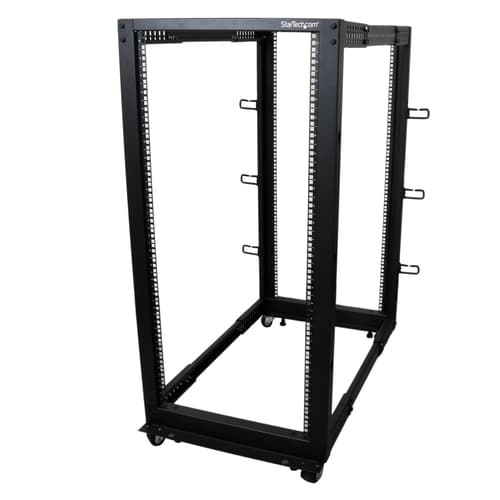 StarTech.com 25U 19" Open Frame Server Rack, 4 Post Adjustable Depth 22-40" Mobile, Free Standing Rolling Network/Computer Equipment Data Rack, Dell PowerEdge, HP ProLiant ThinkServer - Adjustable Server Rack (4POSTRACK25U) - Rack open frame - black - 25U - for P/N: CABSCREWM5B, CABSCREWSM5, CABSCREWSM5B, CABSCREWSM62, CABSCREWSM6B, CABSCRWS1224