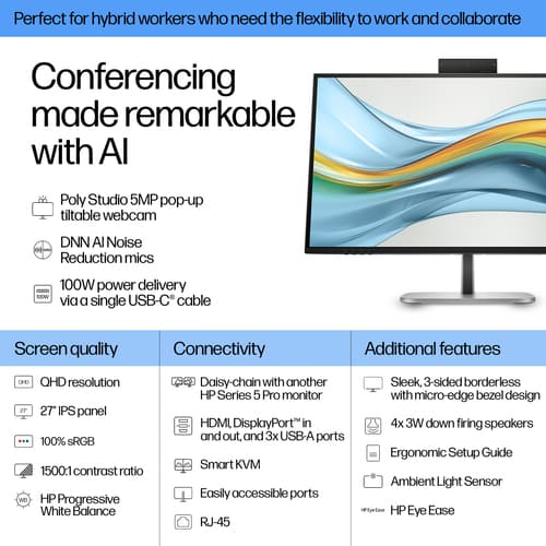 HP 527pm - Series 5 Pro - LED monitor - 27" - 2560 x 1440 QHD @ 100 Hz - IPS - 350 cd/m� - 1500:1 - 5 ms - HDMI, DisplayPort, USB-C - speakers - jet black, natural silver (stand), jet black (stand) - Smart Buy — view 4