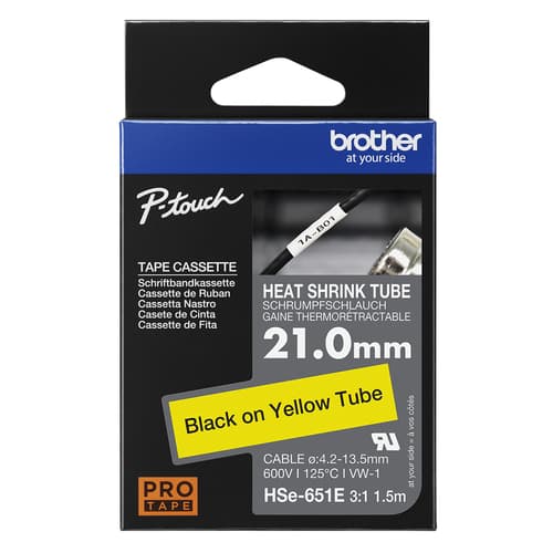 Brother HSE-651E - Black on yellow - Roll (2.1 cm x 1.5 m) 1 cassette(s) hanging box - heat shrink tube tape - for P-Touch PT-D800W, PT-E550WVP, PT-P700, PT-P750W, PT-P900W, PT-P950NW