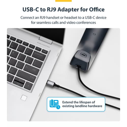 StarTech.com USB-C to RJ9 Adapter for Office Phone Handset or Wired/Wireless Headset, Use Existing Landline Hardware, 6ft/1.8m, For Laptop/Desktop Computer/Mobile - Headset adapter - 24 pin USB-C male to RJ-9 male - 1.8 m - black - bus powered — view 8