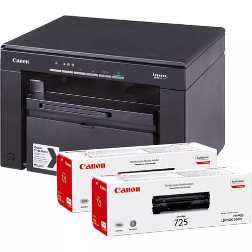 Canon i-SENSYS Canon i-SENSYS MF3010 MF 3010. Desktop Mono laser 3-in-1: print, copy & scan. 18  ppm, 7.8 seconds First Print Out Time. Up to 1200 x 600 dpi. USB 2.0 Hi-speed. Windows and MacOS. BUNDLE WITH 2X EXTRA TONERS.