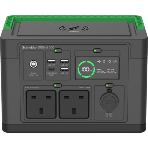 Schneider OffGrid 330 - Portable power station - LCD, 2 BS1363 outlets, sinewave, 3 USB-A, 1 USB-C, wireless charger - AC 230 V - 330 Watt - Lithium Ion - 332 Wh - output connectors: 2 - United Kingdom - black, green — view 3