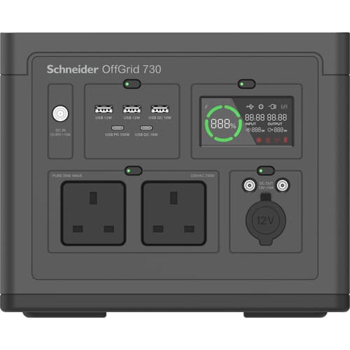 Schneider OffGrid 730 - Portable power station - LCD, 2 BS1363 outlets, sinewave, 3 USB-A, 2 USB-C, wireless charger - AC 190 - 265 / DC 12 -30 V - 700 Watt - Lithium Ion - 738 Wh - output connectors: 2 - United Kingdom - black, green — view 3