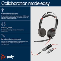 Poly Blackwire 5220 - Headset - on-ear - wired - USB-C, 3.5 mm jack - black - Certified for Skype for Business, Cisco Jabber Certified, Avaya Certified, Certified for Microsoft Teams, Zoom Certified, UC certified, Works With Chromebook Certified