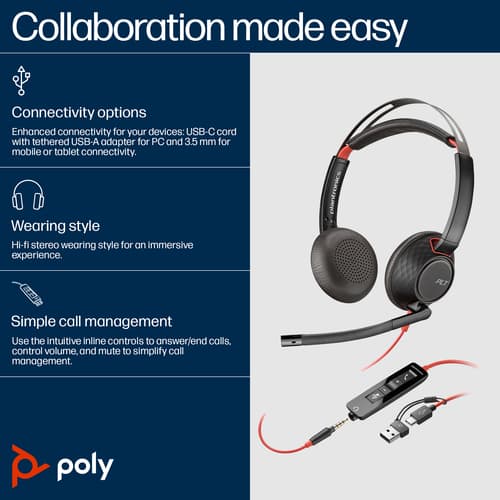 Poly Blackwire 5220 - Headset - on-ear - wired - USB-C, 3.5 mm jack - black - Certified for Skype for Business, Cisco Jabber Certified, Avaya Certified, Certified for Microsoft Teams, Zoom Certified, UC certified, Works With Chromebook Certified — image 1