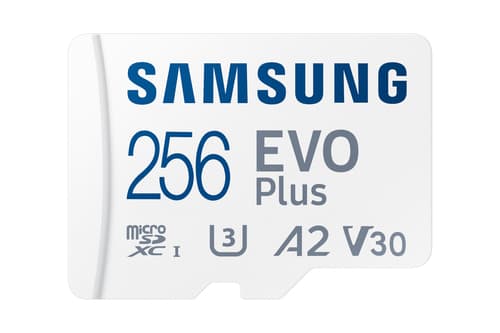 Samsung EVO Plus MB-MC256S - Flash memory card (microSDXC to SD adapter included) - 256 GB - A2 / Video Class V30 / UHS-I U3 / Class10 - microSDXC UHS-I - white