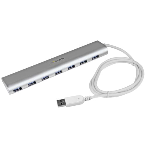 StarTech.com 7 Port Compact USB 3.0 Hub with Built-in Cable - Aluminum USB Hub - Silver USB3 Hub with 20W Power Adapter (ST73007UA) - USB peripheral sharing switch - 7 x SuperSpeed USB 3.0 - desktop