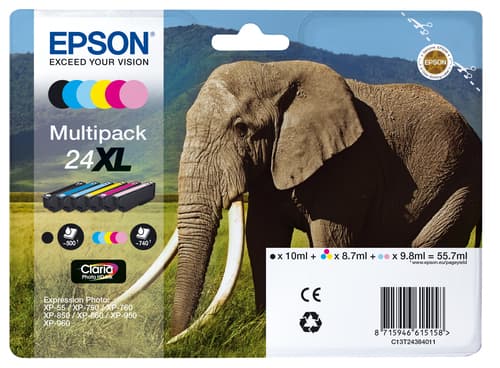 Epson Ink Cartridges, Claria" Photo HD Ink, 24XL, Elephant, Multipack, 1 x 8.7 ml Magenta, 1 x 8.7 ml Cyan, 1 x 8.7 ml Yellow, 1 x 9.8 ml Light Magenta, 1 x 10.0 ml Black, 1 x 9.8 ml Light Cyan