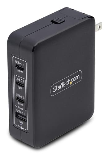StarTech.com 140W USB-C Wall Charger, USB-C/USB-A, PD GaN Power Adapter - Power adapter - GaN technology - 140 Watt - 5 A - Power Delivery 3.1 - 4 output connectors (USB, 3 x USB-C) - black