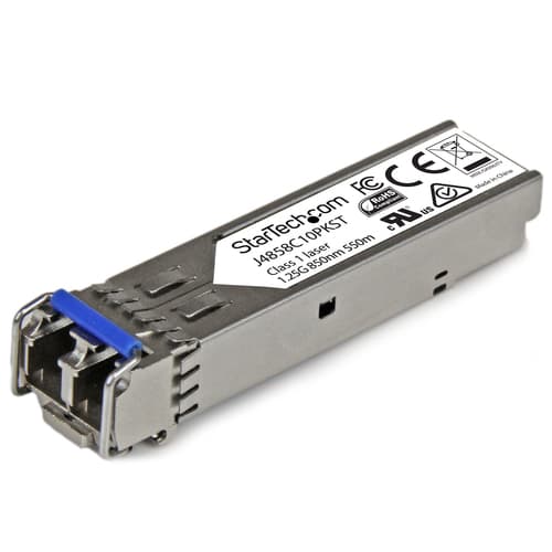StarTech.com 10 pack HPE J4858C Compatible SFP Module, 1000BASE-SX, 1GbE Multi Mode (MMF) Fiber Optic Transceiver, 1 Gigabit Ethernet SFP, LC Connector, 550m, 850nm, DDM, HPE 1400, 1700, 1820 - Lifetime Warranty (J4858C10PKST) - SFP (mini-GBIC) transceiver module (equivalent to: HP J4858C) - 1GbE - 1000Base-SX - LC multi-mode - up to 550 m - 850 nm (pack of 10) - for HPE 1700, 2610, 6120, Switch XL 10/100/1000, HPE Aruba 2530, 2930F 24, 2930F 48, 5406