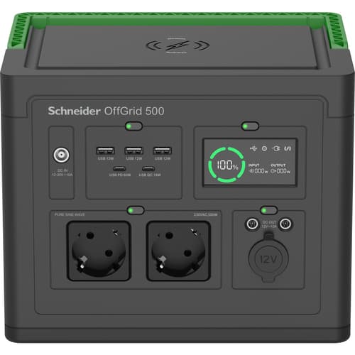 Schneider OffGrid 500 - Portable power station - LCD, lithium-ion, 2 CEE 7/3 Schuko outlets, sinewave, 3 USB-A, 2 USB-C, wireless charger - AC 195 - 265 / DC 12 -30 V - 500 Watt - Lithium Ion - 517 Wh - output connectors: 2 - black, green
