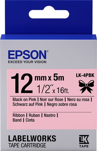 Epson LabelWorks LK-4PBK - Satin - black on pink - Roll (1.2 cm x 5 m) 1 cassette(s) ribbon tape - for LabelWorks Cable and Wiring Kit, LW-1000, 600, 700, K400, Z700, Z710, Z900, Safety Kit