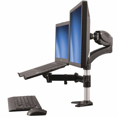 StarTech.com Laptop Monitor Stand - Computer Monitor Stand - Full Motion Articulating - VESA Mount Monitor Desk Mount - Mounting kit (pole clamp, rubber pad, laptop shelf, spring arm, swivel arm, 4 spacers, cable management clip, screws, key) - adjustable arm - for LCD display / notebook - aluminium - black - screen size: 15"-27" - desk-mountable