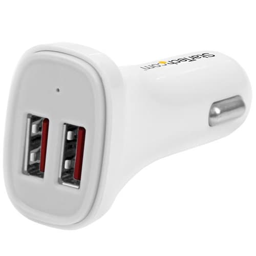 StarTech.com Dual Port USB Car Charger - 24W/4.8A White - Car power adapter - 24 Watt - 4.8 A - 2 output connectors (USB) - white - for P/N: USBLT1MW, USBLT1MWS, USBLT2MBR, USBLT2MW, USBLT30CMW, USBLTM1MBK, USBLTM1MWH