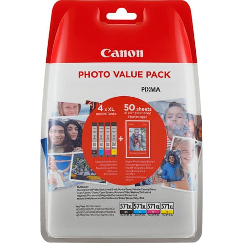 Canon CLI-571 XL C/M/Y/BK Photo Value Pack - 4-pack - 11 ml - black, yellow, cyan, magenta - original - ink tank / paper kit - for PIXMA TS5051, TS5053, TS5055, TS6050, TS6051, TS6052, TS8051, TS8052, TS9050, TS9055