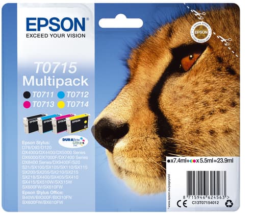 Epson Ink Cartridges, DURABrite" Ultra, T0715, Cheetah, Multipack, 1 x 5.5 ml Yellow, 1 x 5.5 ml Cyan, 1 x 5.5 ml Magenta, 1 x 7.4 ml Black