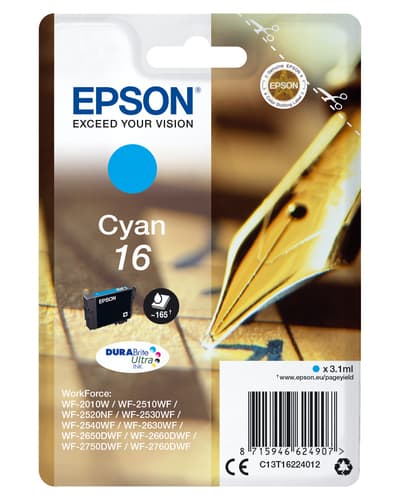 Epson Ink Cartridges, DURABrite" Ultra, 16, Pen and crossword, Singlepack, 1 x 3.1 ml Cyan, RF+AM